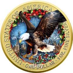 Aigle en Argent Américain 2024 1 oz Coloré Joyeux Noël avec Dorure Sélective en Or