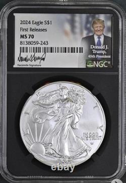 Aigle en Argent Américain 2024 MS70 NGC Premières Émissions, Signé par Trump Valeur de 260 $