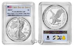 Aigle en Argent Américain 2025-P (PR70) Épreuve U.S. Marine Marque Privée FDOI Premier Jour PCGS