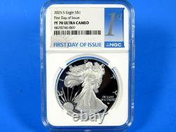 Aigle en Argent Américain 2025 S, S frappé NGC Pf 70 Ucam Premier Jour d'Émission