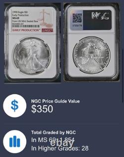 Aigle en Argent de 1 $ de 1990 NGC MS69 Production Précoce de la Monnaie Américaine Étiquette de Boîte Scellée