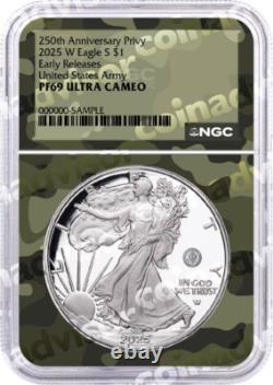 Aigle en Argent de 1 $ de 2025, 250e Anniversaire de l'Armée des États-Unis, Marque Privée, NGC PF69 UCAM ER, Cœur Camouflage
