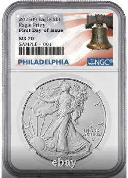 Aigle en argent 2025 p avec privy d'aigle NGC MS70 première journée d'émission prévente Philly