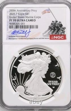 Aigle en argent P 2025 US Marine Corp 250ème Privé NGC PF70 Rhett Jeppson EN MAIN