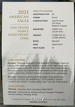 American Eagle 2021 One-tenth Ounce Gold Coin W Mint 21een Ogp & Coa Rare