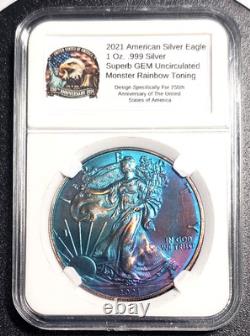 American Silver Eagle 2021 (1 oz 999) toning arc-en-ciel monstre, qualité Gem, non circulée
