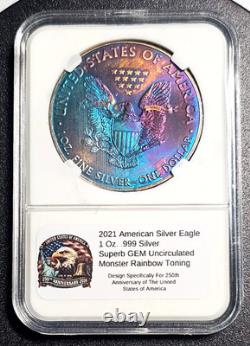 American Silver Eagle 2021 (1 oz 999) toning arc-en-ciel monstre, qualité Gem, non circulée