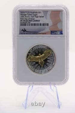 Australie 1 oz Argent NGC PF70 Gilt Proof Aigle à Queue en Wedge Première Jour d'Émission