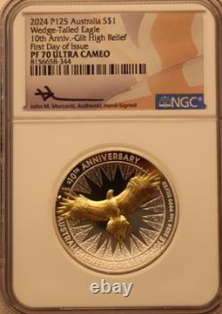 Australie 1 oz Argent NGC PF70 Gilt Proof Aigle à Queue en Wedge Première Jour d'Émission