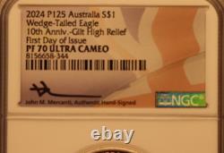 Australie 1 oz Argent NGC PF70 Gilt Proof Aigle à Queue en Wedge Première Jour d'Émission