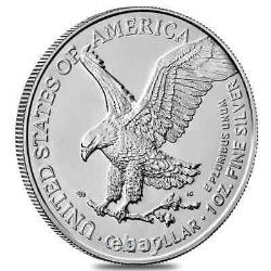 Boîte de monstres de 500 pièces de 1 oz d'aigle américain en argent de 2023 de qualité brillant universel (BU), en rouleau de 25, tube.