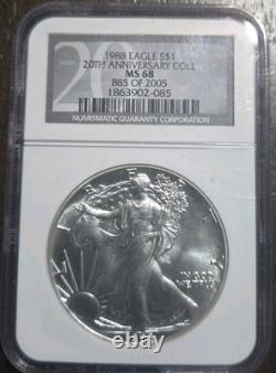 Collection 20e anniversaire 1988 Silver EAGLE $1 MS69 n°885 sur 2005 frappée. 1 oz