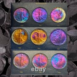 Collection de pièces d'argent américaines Silver Eagle 1986-2003 avec des tons arc-en-ciel monstres - Lot de 18 pièces