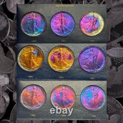 Collection de pièces d'argent américaines Silver Eagle 1986-2003 avec des tons arc-en-ciel monstres - Lot de 18 pièces