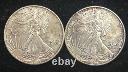 Deux (2) American Silver Eagles de 1994 en état BU 99,9 % argent (Lot A)