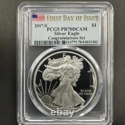 Dollar Silver Eagle 2017 Première Journée d'Émission Ensemble Félicitations PCGS PR70DCAM