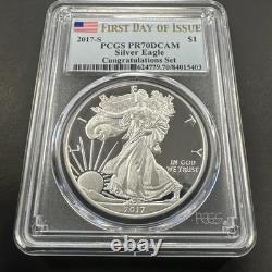 Dollar Silver Eagle 2017 Première Journée d'Émission Ensemble Félicitations PCGS PR70DCAM