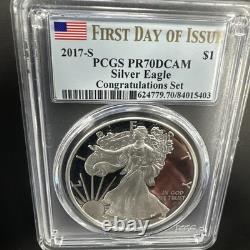 Dollar Silver Eagle 2017 Première Journée d'Émission Ensemble Félicitations PCGS PR70DCAM