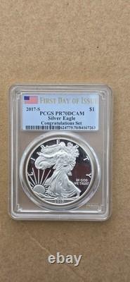 Dollar Silver Eagle 2017 Première Journée d’Émission Set Félicitations PCGS PR70DCAM