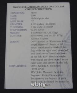Dollar en Argent Américain Proof 2000-P Eagle $1 Boîte et COA US Mint Bullion OGP