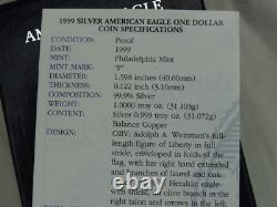 Dollar en argent américain Eagle de 1999-P Proof $1 avec boîte et certificat d'authenticité US Mint Bullion OGP