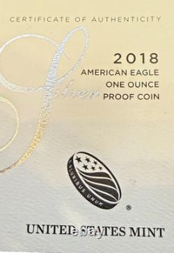 Dollar en argent proof American Silver Eagle 2018 de la Monnaie des États-Unis, pièce ASE avec boîte et certificat d’authenticité