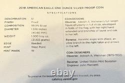 Dollar en argent proof American Silver Eagle 2018 de la Monnaie des États-Unis, pièce ASE avec boîte et certificat d’authenticité