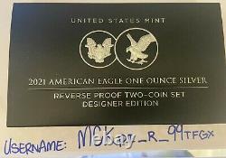 É.-u. Mint American Eagle 2021 Une Once D'argent À L'envers Jeu De Deux Pièces De Preuve Nib