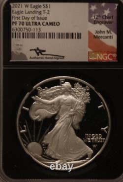 Eagle Argent Épreuve NGC Type 2 PF70 Monnaie de West Point Signé à la Main Premier Jour d'Émission