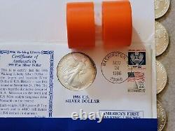 En français, le titre serait : 'Rouleau de 20 plus 1 BU 1986 American Silver Eagle, 21 pièces, tube orange, $1 U.S. Mint'