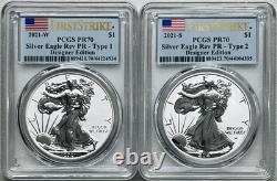 Ensemble Édition Designer Reverse Proof Silver Eagle T-1 & T-2 2021 Pcgs Pr70 Fs