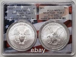 Ensemble RARE de pièces de monnaie américaines 2021 Silver Eagle Type 1 & 2 PCGS MS70 FS avec cadre aux couleurs du drapeau