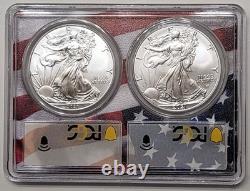 Ensemble RARE de pièces de monnaie américaines 2021 Silver Eagle Type 1 & 2 PCGS MS70 FS avec cadre aux couleurs du drapeau