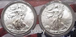 Ensemble RARE de pièces de monnaie américaines 2021 Silver Eagle Type 1 & 2 PCGS MS70 FS avec cadre aux couleurs du drapeau