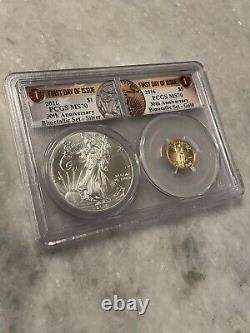 Ensemble bimetallique 2016 American Silver Eagle et or 1/10 PCGS Premier Jour d'Émission