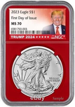 Ensemble d'aigles argentés 2023 NGC MS70 Premier Jour Rouge Blanc Noir Étiquette Trump 2024 avec boîtier