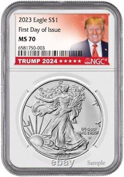 Ensemble d'aigles argentés 2023 NGC MS70 Premier Jour Rouge Blanc Noir Étiquette Trump 2024 avec boîtier