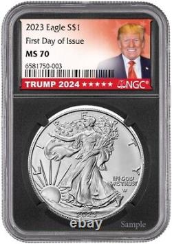 Ensemble d'aigles argentés 2023 NGC MS70 Premier Jour Rouge Blanc Noir Étiquette Trump 2024 avec boîtier