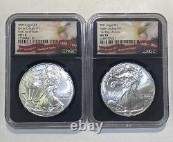 Ensemble de 2021 $1 Aigles d'argent Type 1 et Type 2 NGC MS70 FDOI