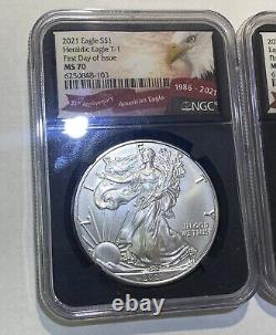 Ensemble de 2021 $1 Aigles d'argent Type 1 et Type 2 NGC MS70 FDOI