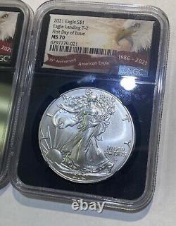Ensemble de 2021 $1 Aigles d'argent Type 1 et Type 2 NGC MS70 FDOI