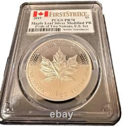 Ensemble de 2 pièces 2019 Pride of Two Nations Silver Eagle et Maple Leaf PCGS PR70 FDOI