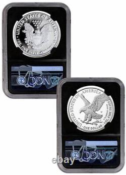 Ensemble de 2 pièces 2021 W $1 Silver Eagle T-1 & T-2 NGC PF70. Étiquette en argent 999 BlackCore.