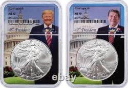 Ensemble de 2 pièces 2024 2025 Silver Eagle 1 $ TRUMP & REAGAN NGC MS70 TRÈS RARE
