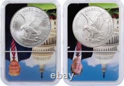 Ensemble de 2 pièces 2024 2025 Silver Eagle 1 $ TRUMP & REAGAN NGC MS70 TRÈS RARE