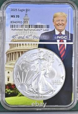 Ensemble de 2 pièces 2024 2025 Silver Eagle 1 $ TRUMP & REAGAN NGC MS70 TRÈS RARE
