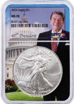 Ensemble de 2 pièces 2024 2025 Silver Eagle 1 $ TRUMP & REAGAN NGC MS70 TRÈS RARE