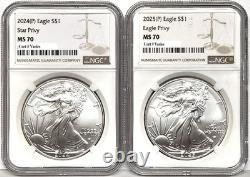 Ensemble de 2 pièces 2024 et 2025 P aigle en argent avec marque NGC MS70 brun