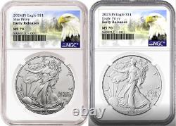 Ensemble de 2 pièces 2024 et 2025 aigle en argent P avec privy NGC MS70 ER prévente MTN