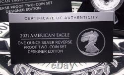 Ensemble de 2 pièces de la pièce en argent américaine 2021, DESIGNER, épreuve en reverse proof avec boîte et certificat d'authenticité.